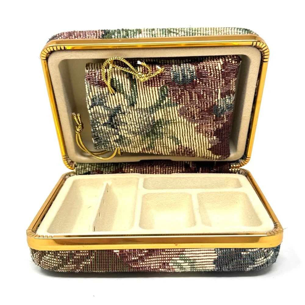 Vintage Floral Tapestry Hard Case Travel Jewelry Box with Necklace Pouch
